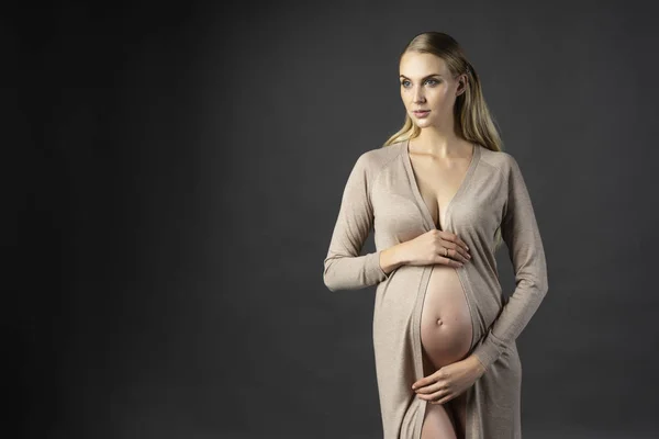 Beautiful Pregnant Young Woman Wearing Lingerie Knitted Dress Undone Open — Stock Photo, Image