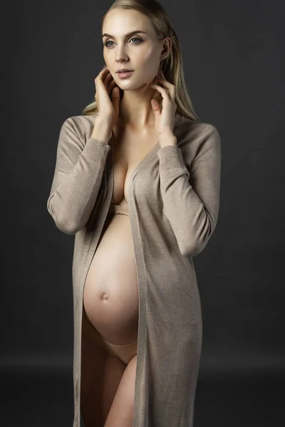 Beautiful Pregnant Young Woman Wearing Lingerie Knitted Dress Undone Open — Stock Photo, Image