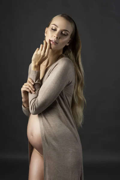 Beautiful Pregnant Young Woman Wearing Lingerie Knitted Dress Undone Open — Stock Photo, Image