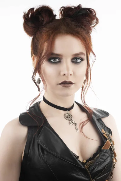 Une Belle Fille Cosplayer Rousse Portant Costume Steampunk Style Victorien — Photo