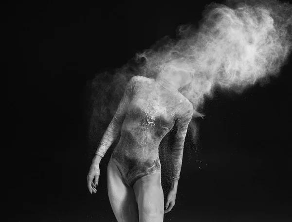 Beautiful Slim Girl Wearing Gymnastic Bodysuit Covered White Powder Dust — Stock Photo, Image