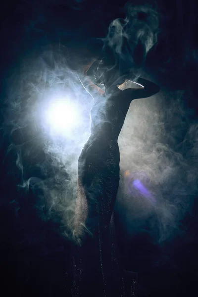 Silhouet van een slank, artistiek meisje dat een elegante avond d draagt — Stockfoto