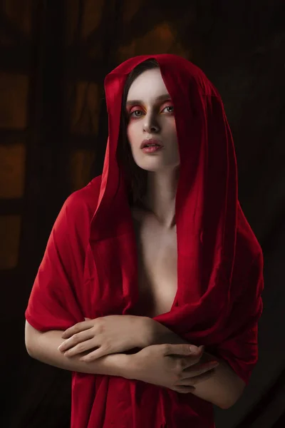 Hermosa chica con maquillaje de moda en tonos rojos, con una r — Foto de Stock