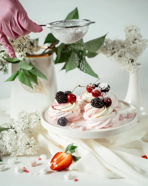Meringue Fruit Cake Garnished Cream Berries Cherries Blackberries Strawberries Lilac — Stock Photo, Image