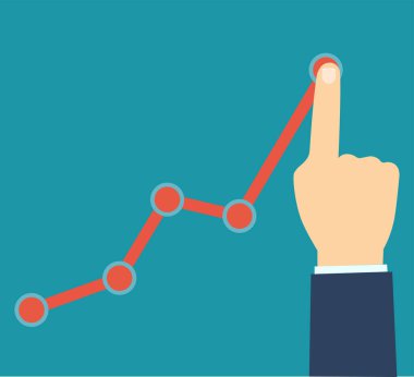 Grafik ok holding kadar parmak. İşadamı finansal büyüme grafik yönetir. Kar büyüyen kavramı. iş vektör düz çizgi film tasarlamak. Beyaz arka plan üzerinde izole.