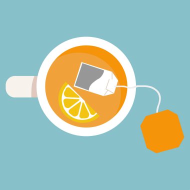 Bir fincan çay. Limonlu çay demlendi çanta. Vektör çizim düz tasarımı. Arka plan üzerinde izole.