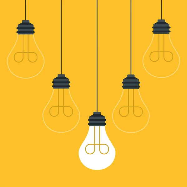 一套悬挂的灯泡 有一个发光的 时尚平面矢量灯泡图标与想法在黄色背景 — 图库矢量图片