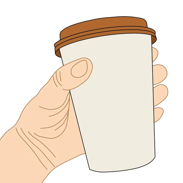 Hand Met Een Disposable Bruin Kopje Koffie Met Dop Illustratie — Stockvector