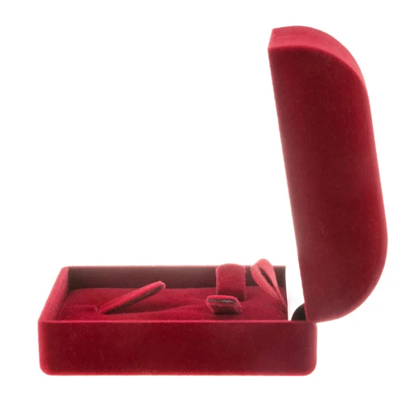 Ανοιχτό Κόκκινο Βελούδινο Κουτί Για Κοσμήματα Που Απομονώνονται Λευκό Φόντο — Φωτογραφία Αρχείου