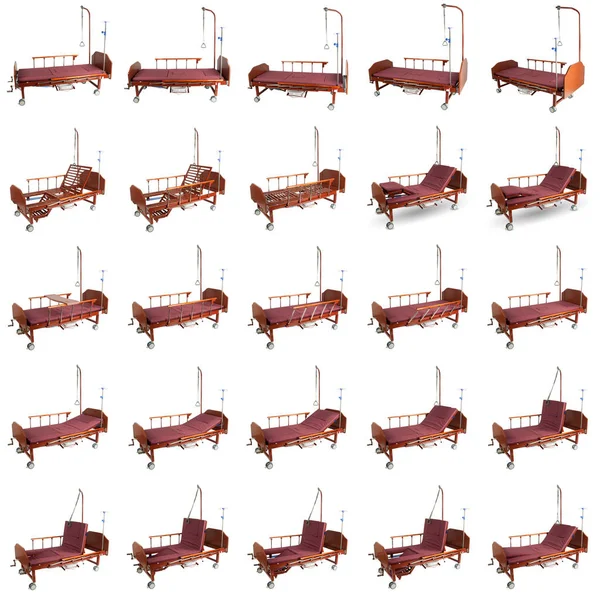 Hospital bed on wheels with accessories. Set of 25 photos isolated on white