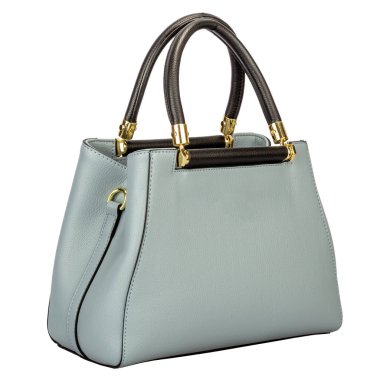 Bir gri ve açık mavi kadın deri çanta siyah insets beyaz arka plan üzerinde izole ile