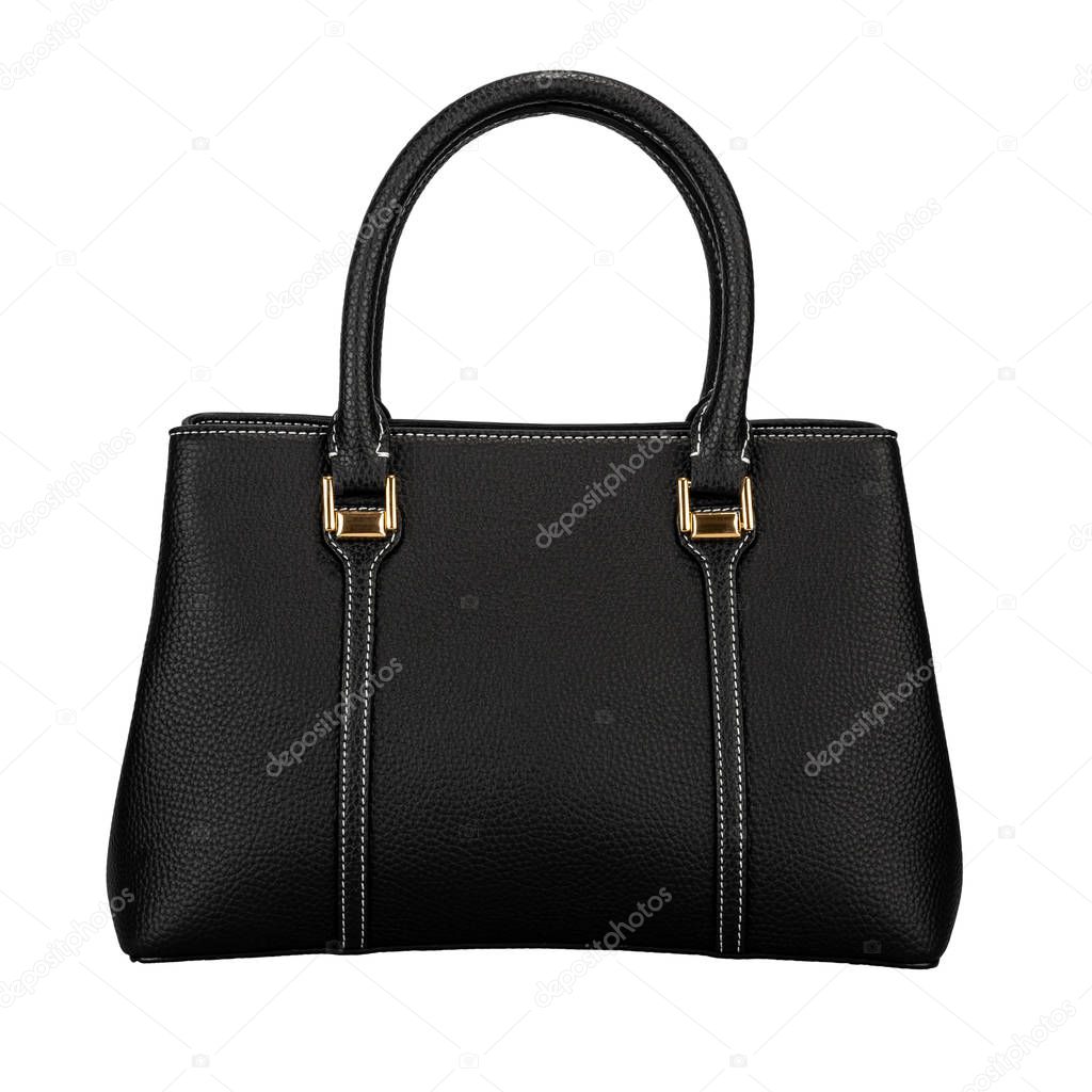 Black matte texture leather bag with white seams, isolated on white background