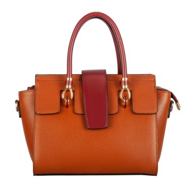 Turuncu kadın deri çanta bordo ile iç metin ve izole üzerinde beyaz işler 