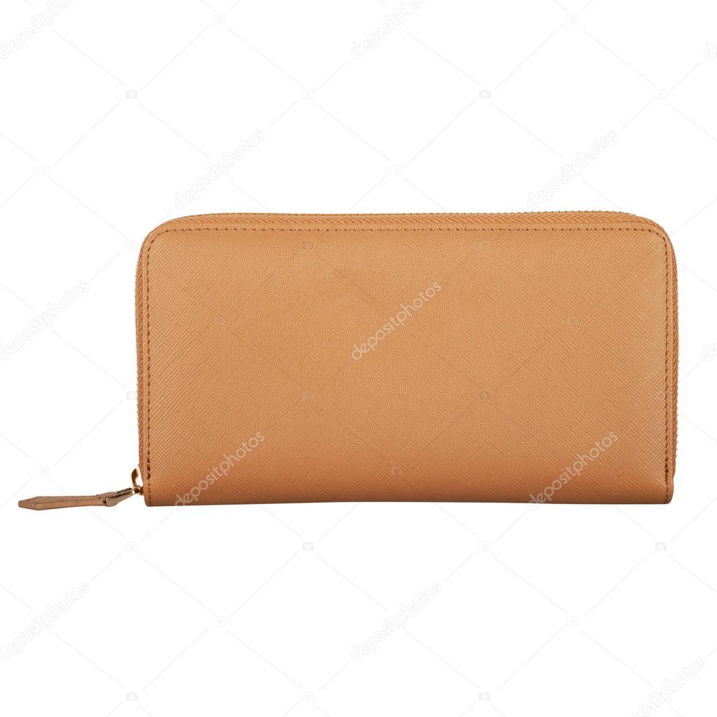 Cosmetic handbag of textured light brown artificial leather isolated on white