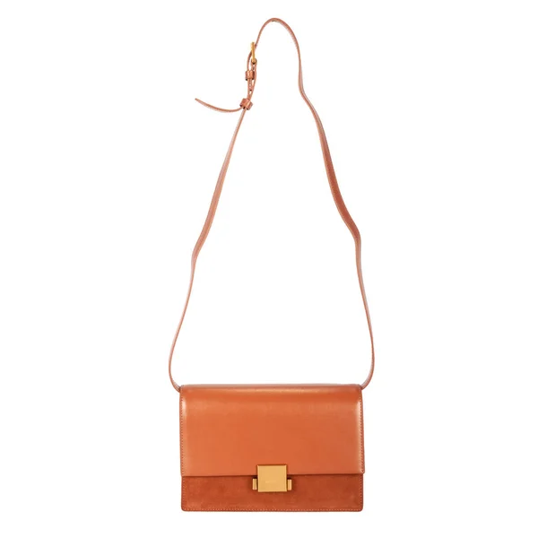 Small Female Bag Long Strap Orange Leather Top Beige Suede — Stock Photo, Image