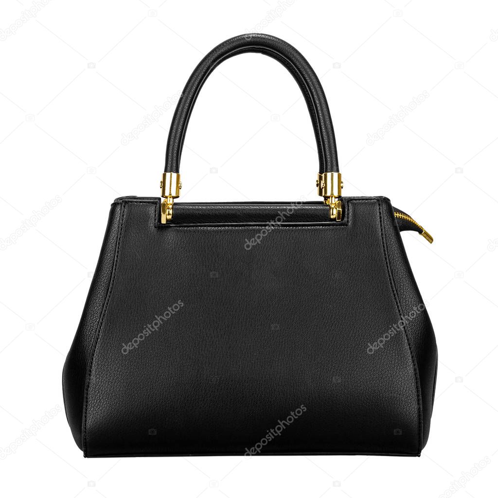 Black leather women bag with gold fittings isolated on a white background. Front view