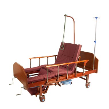 Tıbbi kahverengi metal yarı otomatik yatağa ile Bordo yatak üzerinde beyaz izole jantlar