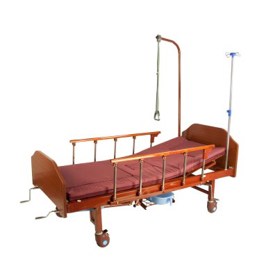 Tıbbi kahverengi metal yarı otomatik yatağa ile Bordo yatak üzerinde beyaz izole jantlar