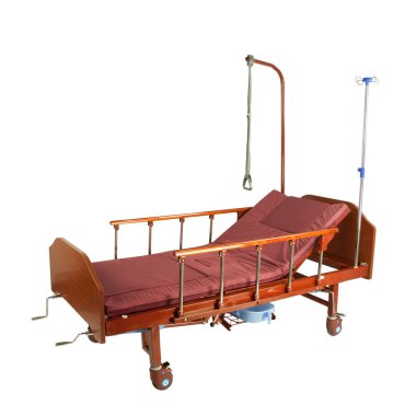 Tıbbi kahverengi metal yarı otomatik yatağa ile Bordo yatak üzerinde beyaz izole jantlar