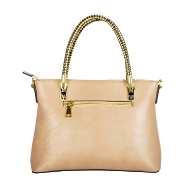 Altın kolları ve üzerinde beyaz izole bağlantı parçaları ile hafif bej kadın deri çanta