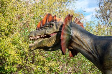 Dinozor dilophosaurus. Orman ve mavi gökyüzü bulutlu bir arka plan üzerinde büyük tam boyutlu kafa