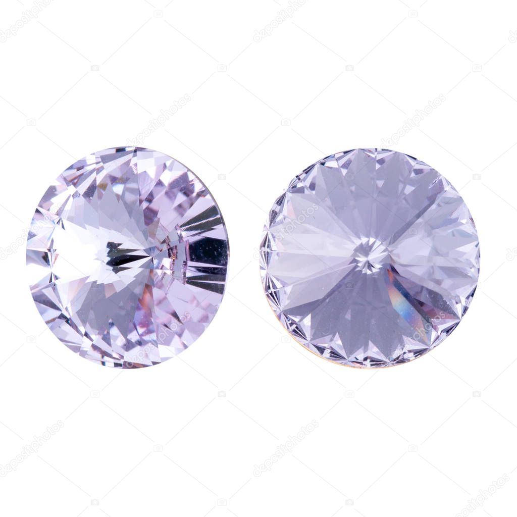 Large round purple crystal rhinestones. Front and side view. Isolated on white.