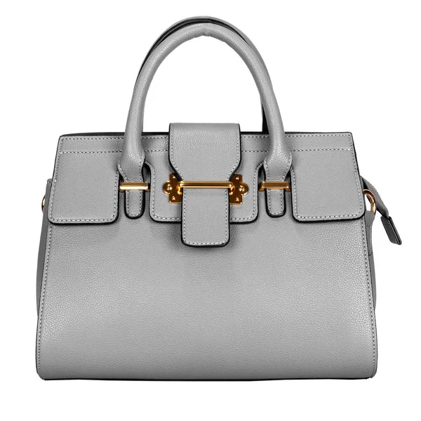 Sac femme classique gris clair à la mode avec garnitures dorées et texture en cuir sur le devant sur fond blanc — Photo