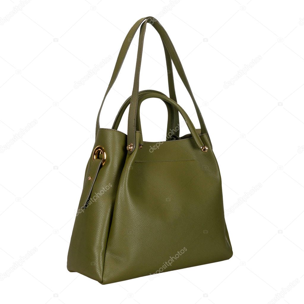 Dark green women bag with long handles on white