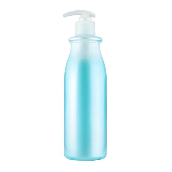 Eine Kosmetikflasche mit türkisfarbener Flüssigkeit und Spray — Stockfoto
