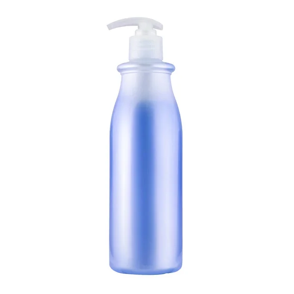 Eine Kosmetikflasche mit blauer Flüssigkeit und Spray — Stockfoto