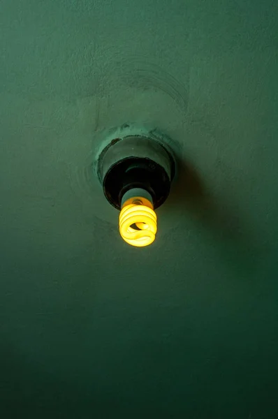 Dim energy efficient fluorescent lamp on a dark green ceiling