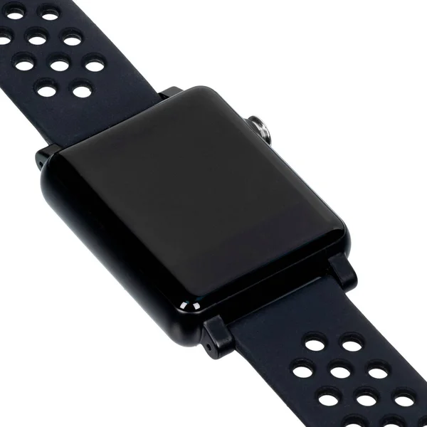 Drahtlose Smartwatch Einem Quadratischen Hochglanzschwarzen Gehäuse Mit Einem Leeren Bildschirm — Stockfoto