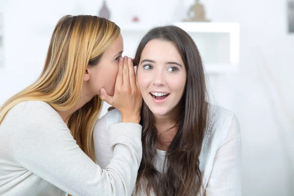 Sorrindo jovem mulher dizendo segredo para amigo — Fotografia de Stock