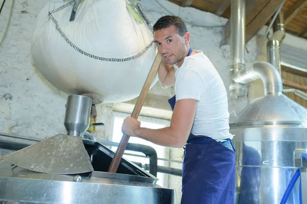 Trabalhador da cervejaria que trabalha com malte de cerveja — Fotografia de Stock