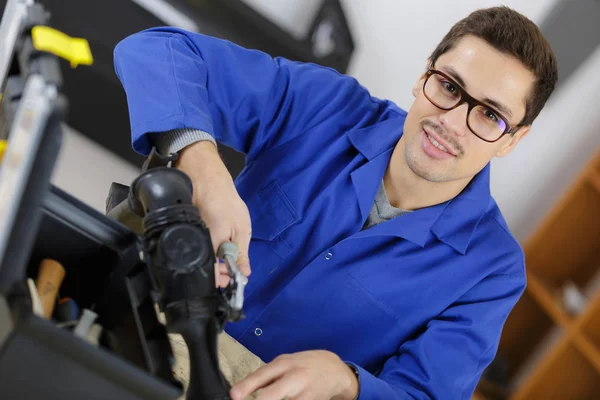 Portrait Tradesman Taking Tools Toolbox — Stock Photo, Image