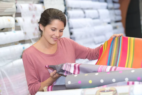 Happy Female Customer Textile Store — Stock Photo, Image