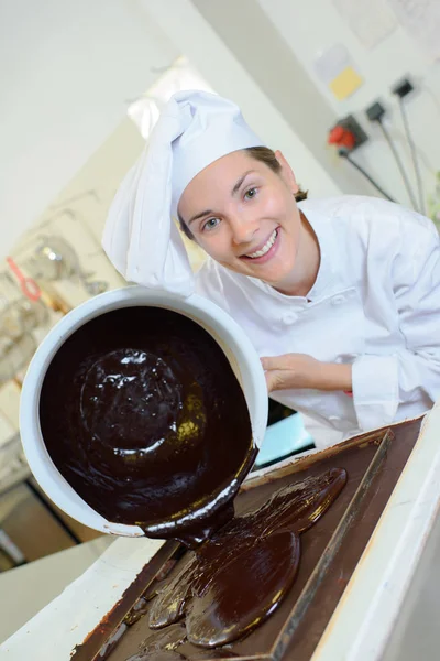 Woman Pouring Chocolate Baking Tray — Stock Photo, Image