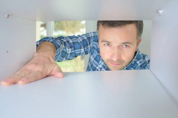 Happy Young Man Looking Box — Stock Photo, Image