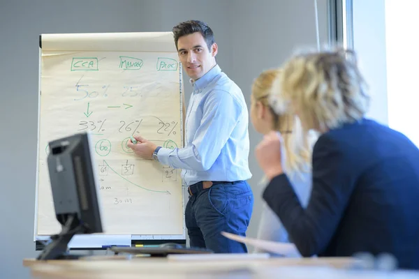 Geschäftsmann Schreibt Während Des Unterrichts Auf Eine Pappe — Stockfoto