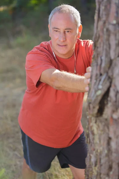 Homem Idoso Esticando Uma Árvore — Fotografia de Stock