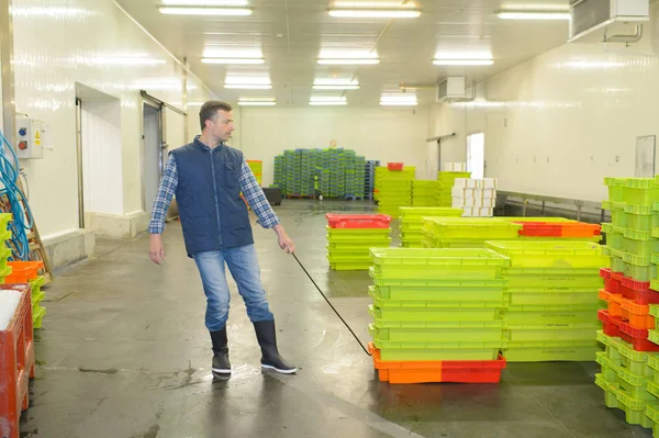 Trabajador Tirando Cajas Plástico — Foto de Stock