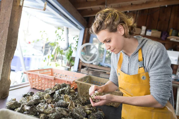 Mujer Vendiendo Ostras Frescas Mercado Alimentos Los Agricultores — Foto de Stock