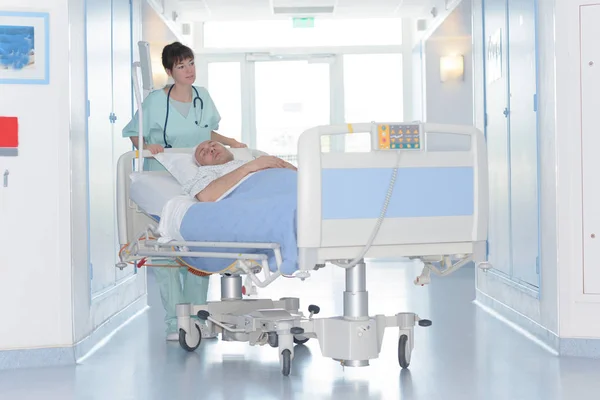 Portrait Nurse Pushing Stretcher Hospital — Stock Photo, Image