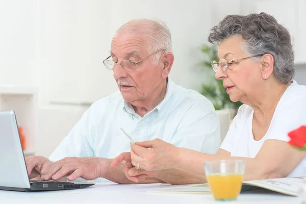 在笔记本电脑前对老年夫妇 — 图库照片