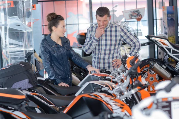 Portrait Positive Couple Choosing New Motorbike — Stock Photo, Image
