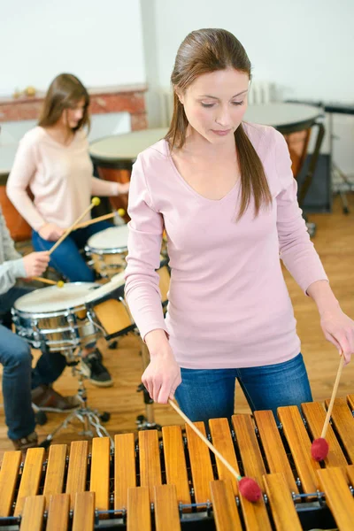 Vrouw spelen xylofoon en xylofoon — Stockfoto