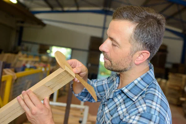 Zagerij werknemer die werkt met houten gereedschappen en machines — Stockfoto