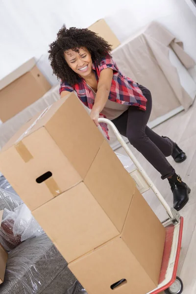 Dame müht sich, mit Kisten beladenen Trolley zu schieben — Stockfoto