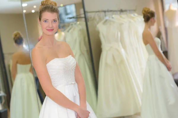 Portrait Woman Trying Wedding Dress Boutique — Stock Photo, Image