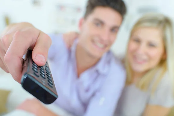 Couple Sitting Sofa Watching — Stock Photo, Image